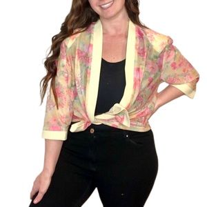 EASTER 80s Floral Butter Yellow Pink Green Romantic Sheer Easter Top L/XL
